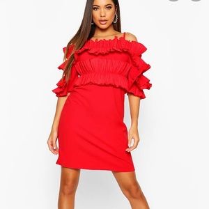 Boohoo Ruffle Bardot Mini Dress Size 12